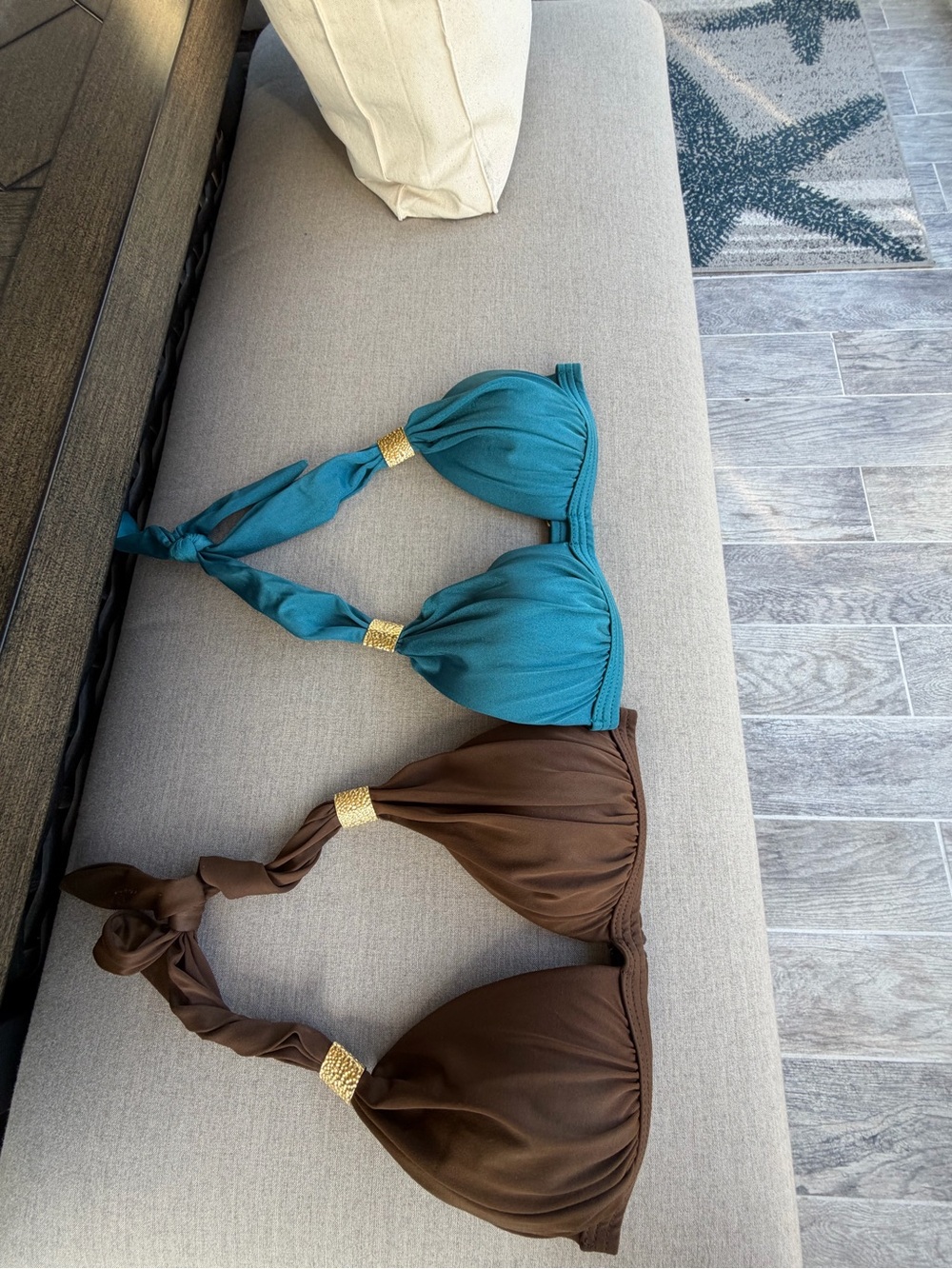 Women’s Teal and Brown Venus Swim Halter Bikini Tops with Gold Accent